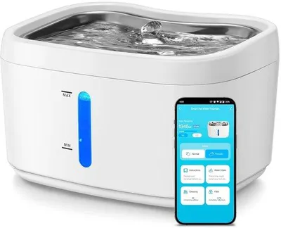 Obrázek produktu pro Elektrická napáječka pro kočky (2,5 l), nerezová ocel, akumulátor 3000 mAh, samočisticí, průtoková, účinná filtrace, tichá napáječka pro zvířata