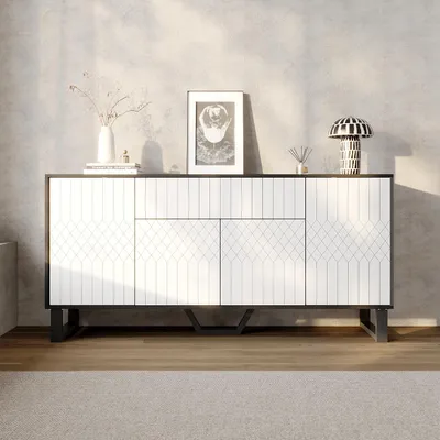 Produktbild von Sideboard mit 4 Türen und 1 Schublade, Schrank mit geometrischem Muster, Wohnzimmerschrank, Pop-up Design, Weiß + Schwarz, MDF, 160 x 40 x 77,5 cm