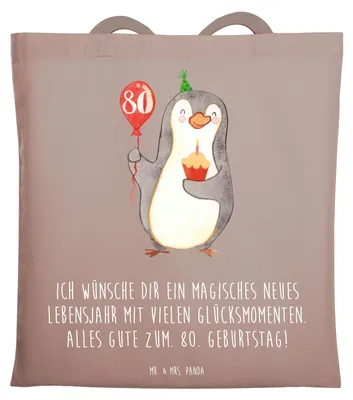 Produktbild von Mr. & Mrs. Panda Beutel 80. Geburtstag Pinguin Luftballon - Braun Pastell - Geschenk, Geburtstagsgeschenk, Happy Birthday, Tote Bag, Jutebeutel, Tasche, canvas, Shopping