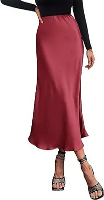 Produktbild von Damen Midi-Satinrock - Elegant und Lässig mit Hoher Taille, Ausgestellt und Fließend mit Rüschen für Partys