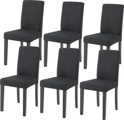 A set of six black dining chairs arranged in two rows of three against a white background.
