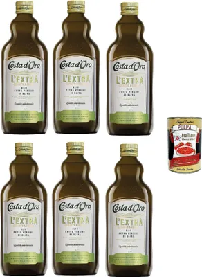 Produktbild von Costa d'oro L'extra, olio extra vergine di oliva, Extra Natives nativ Olive Olivenoel, 6x 1L olio vergine oliva + Italian Gourmet -polpa 400g