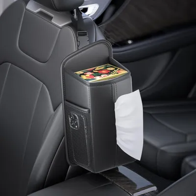 Produktbild von Taschentuchboxhalter Auto Vordersitz Kopfstützen-Organizer Kunstleder Schwarz mit Netztaschen