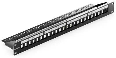 Produktbild von deleyCON 24 Port Patchpanel Patchfeld Modular für Keystone Module 1 HE 19" Zoll Rackeinbau Kompatibel CAT5 CAT6 CAT7 CAT8 LAN Netzwerk Verlegekabel Schwarz