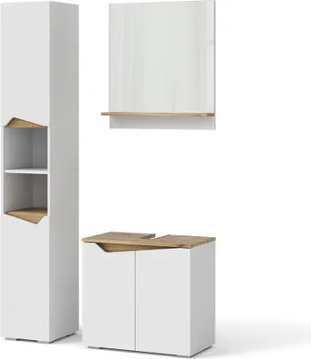 A set of bathroom furniture, including a tall cabinet, a wall-mounted shelf with a mirror, and a vanity unit, displayed against a white background.