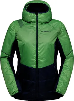 Grüne und schwarze La Sportiva Mythic Primaloft Jacke mit Kapuze und Reißverschluss vorne