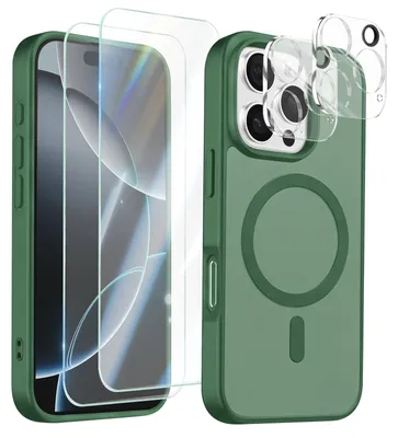 Obrázok produktu pre Avizar, ochranné puzdro MagSafe pre iPhone 16 Pro, s 2 ochrannými sklenenými fóliami a 2 ochrannými fóliami na fotoaparát, tmavozelená farba