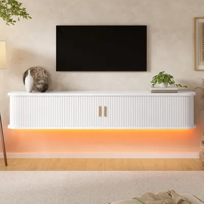 Productafbeelding van Merax wandmeubel voor televisie met LED-verlichting, zwevend TV-meubel met schuifdeuren en gouden metalen handgrepen, TV-kast met grofkorrelige textuur, gemaakt van MDF, wit