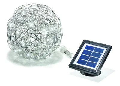 A decorative wire ball light with a solar panel.