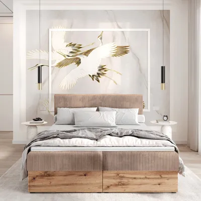 A modern bedroom with a large bed as the focal point, decorated with a large artwork of cranes on the wall.