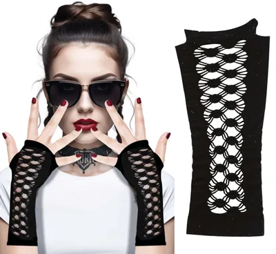Productafbeelding van Gothische Carnavalshandschoenen, zwart, elegant, donker, trendy, uni stijl, fantasie accessoires, feestkleding, vampierlook, punk, zonder vingers, kleur: zwart