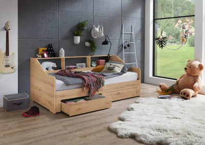 Produktbild von Funktionsbett Rene 90x 200 auf 180 x 200 cm Liegefläche ausziehbar, inkl. 2 Schubladen und Regal, Ausf. Eiche Artisan Nachbildung
