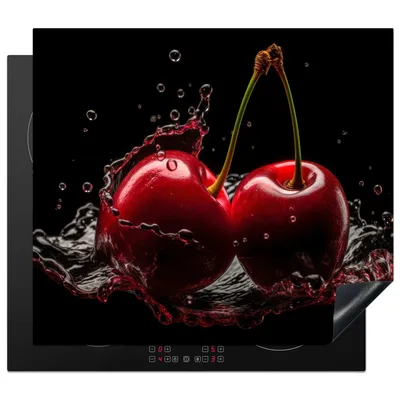 Produktbild von KitchenYeah© Herdabdeckplatte Kirsche - Rot - Frucht - Wasser - Schwarz , 60x52cm, Küche Deko, Glaskeramikkochfeld Herdabdeckung, Abdeckplatte fùr Kochfeld
