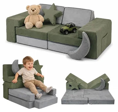 Produktbild von Relaxdays Kinder-Spielsofa, modular, 10 weiche Bausteine, Kindercouch, Velours, HBT 45x140x65cm, Spielcouch, grau-grün