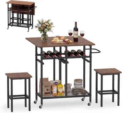 Immagine prodotto di COSTWAY Set di tavoli da pranzo da 3 pezzi, tavolo da cucina allungabile con 2 sgabelli, set di tavoli da pranzo rotanti con portabottiglie da 6 vini, ripiani e maniglia laterale, tavolo da colazione pieghevole per piccoli spazi