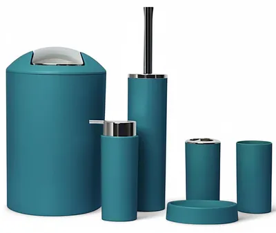 Produktbild von 6tlg Badset Badezimmer Zubehör Set: (Dunkel Türkis Design 2a) Seifenspender, Zahnputzbecher, Kosmetikeimer, WC Bürste, Seifenschale, Mülleimer