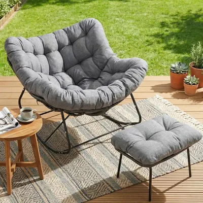 Immagine prodotto di Poltrona a dondolo con poggiapiedi - Sedia da lounge per giardino - Struttura in metallo - Imbottita con cuscino impermeabile - Portata massima: 150 kg - Grigia