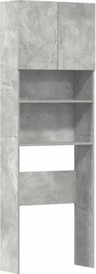 A tall, narrow cabinet with two doors at the top and open shelves below, designed to fit over a washing machine.