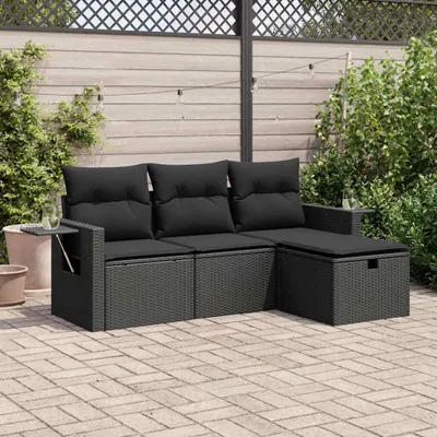 Produktbild von Design 4-tlg. Garten-Sofagarnitur mit Kissen Schwarz Poly Rattan, Gartenmöbel-Sets 2024 Neu