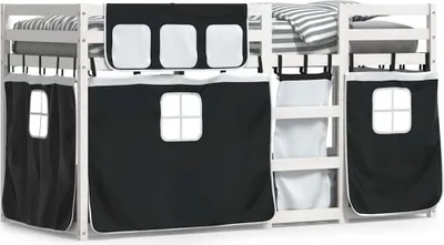 Obrázok produktu pre vidaXL Poschodová posteľ so závesmi biela a čierna 90x190 cm borovicové drevo