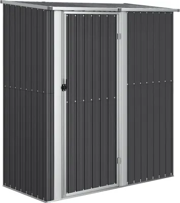 A dark gray metal garden shed with a silver door frame and hinges.