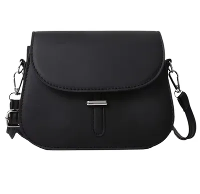 A black leather crossbody bag with a flap closure.