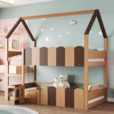 Produktbild von Flieks Etagenbett 90x200cm mit Rausfallschutz, Kinderbett Hausbett mit Tür, Hochbett Einzelbett mit Lattenrost für Kinderzimmer, Naturbelassen