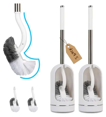 Produktbild von Toilettenbürste mit Halter, gebogene Toilettenbürste mit Randreiniger, Edelstahl- und Kunststoffgriff, Badreinigungsbürste, Ersatzbürsten (2, weiß)