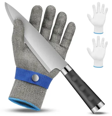 Produktbild von Schnittfester Handschuh, schnittfester Edelstahlhandschuh mit 2 Baumwollhandschuhen, schnittfeste Handschuhe Stufe 9, Kettenhandschuh, Austernhandschuh, schnittfeste Küchenhandschuhe (M)