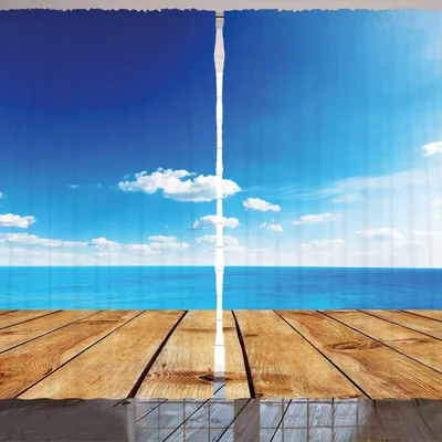 Produktbild von ARANDE Landschaft Gardine, Ansicht Vom Pier Unter Bewölktem Klarem Sommer Himmel Strand Thema Druck, 280 x 225 cm, Braun Weiß Blau