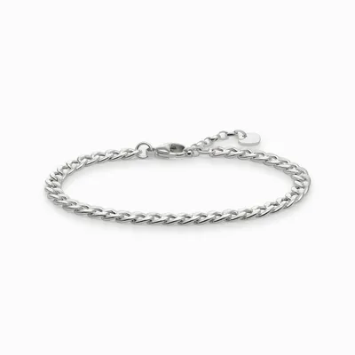 A silver bracelet on a white background.