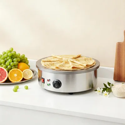 Obrázek produktu pro Stroj na palačinky s nepřilnavým povrchem. Stroj na palačinky, zařízení na přípravu palačinek. Rozměry: 45 cm. Materiál: nerezová ocel. Stroj na palačinky, deska na palačinky, zařízení na přípravu palačinek. Vhodné pro přípravu palačinek