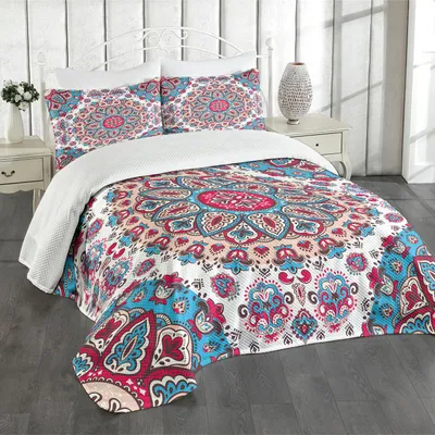 Obrázek produktu pro ABAKUHAUS Etnická sada přehozů, henna keř, květinový kruh, paisley, retro, kaleidoskopický vzor, 220 x 220 cm, tyrkysová, světle růžová