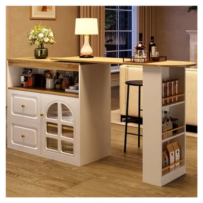 Produktbild von Ausziehbarer Bartisch mit Stauraum und 360° Drehfunktion, Kücheninsel mit 3-stöckigem Snackregal und 2 Schubladen, Glastürdesign, Weiß/138-204 x 39 x 104 cm