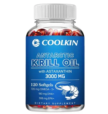Immagine prodotto di Olio di krill antartico 3000mg (120 capsule) integratore alimentare, cervello, memoria, concentrazione, cuore, pelle, ossa, omega-3, EPA, DHA, astaxantina