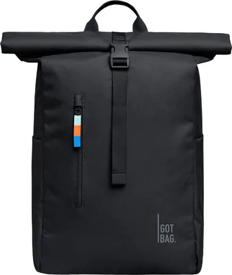 A black rolltop backpack is shown against a white background.