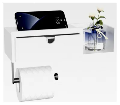 Produktbild von Toilettenpapierhalter ohne Bohren mit Ablage - Klorollenhalter aus Holz für das Badezimmer
