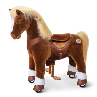Produktbild von PonyCycle Modell Y Braun Ride-on Pony auf Rädern für Kinder 4-7, Plüschpferd-Spielzeug mit Geräuschen & Bremse, Geburtstagsgeschenk für Kinder – Y474