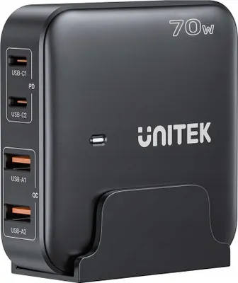 Zdjęcie produktu dla UNITEK Ładowarka biurkowa GaN 70W z 2xUSB-A i 2xUSB-C czarna