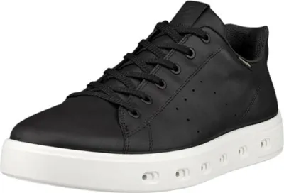 A black leather sneaker with a white sole against a white background.