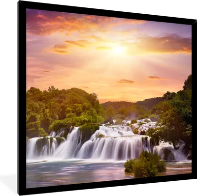 Produktbild von MuchoWow® Gerahmtes Poster Wasserfall - Landschaft - Sonne - Wolken - Sonnenuntergang 40x40 cm - Poster mit Schwarzem Bilderrahmen Wandposter Rahmen Foto Bilder - Mit Rahmen - Wanddekoration Schlafzimmer