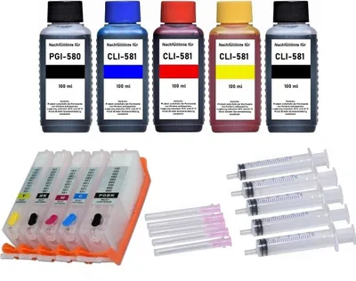 Image de 5 cartouches rechargeables PGI-580 & CLI-581 + 500 ml d'encre pour Canon TR 7500 7520 7550 8500 8520 8550 8551 8600 8620 8650 TS 6100 6150 6151 6200..