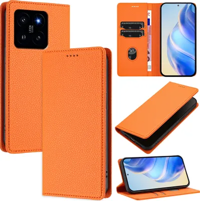Produktbild von Litchi Leder Handyhülle für Xiaomi 14 Wallet Kartenfächer Standfunktion Hülle Orange