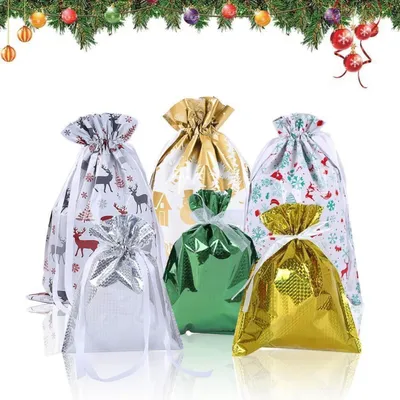 Image de Sacs cadeaux avec cordon de serrage, lot de 6, sacs de Noël multicolores