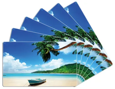 Produktbild von Wallario Frühstücksbrettchen 6er Set aus Glas, je 14 x 23 cm, mit rutschfesten Füßen, Motiv Urlaub am Palmenstrand unter Palmen mit Fischerboot