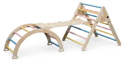 Obrázek produktu pro Buxibo XXL Prolézačka - Skládací trojúhelník + šplhací oblouk + skluzavka - Montessori dřevěné hřiště - pastelová barva - 210x83x81cm