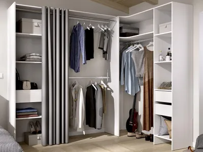 Produktbild von Eckkleiderschrank Kleiderschranksystem - B. 164/214 cm - Weiß & Grau - GONTRAN