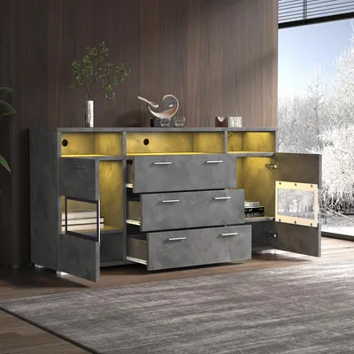 Produktbild von okwish Sideboard 140 cm mit LED-Beleuchtung und 2 Acryltüren, 3 Schubladen Grau