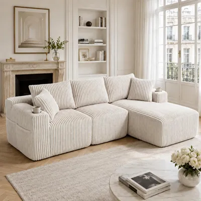 Zdjęcie produktu dla Modułowy zestaw wypoczynkowy z szezlongiem, dwuosobowa sofa z obiciem z sztruksu, zestaw wypoczynkowy zawierający 5 poduszek, kieszenie boczne, uchwyty na napoje, zestaw do samodzielnego montażu