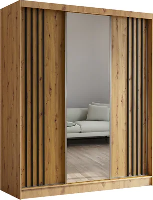 Produktbild von Masseno Schiebetürenschrank NELVIA 180 cm Kleiderschrank Schlafzimmer Schrank 3-türig mit Spiegel und Lamellen Eiche Artisan